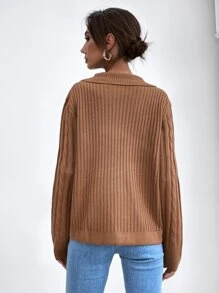 SHEIN LUNE 3D麻花編織補丁貼前紐扣開襟衫 - 棕色 - 查看 2