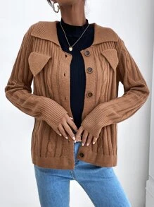 SHEIN LUNE 3D麻花編織補丁貼前紐扣開襟衫 - 棕色 - 查看 3