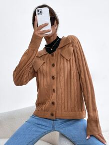 SHEIN LUNE 3D麻花編織補丁貼前紐扣開襟衫 - 棕色 - 查看 4