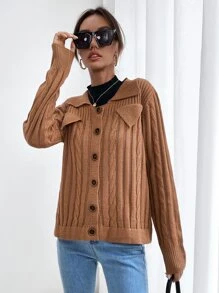 SHEIN LUNE 3D麻花編織補丁貼前紐扣開襟衫 - 棕色 - 查看 5