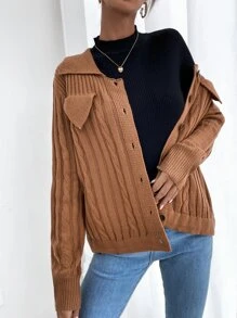 SHEIN LUNE 3D麻花編織補丁貼前紐扣開襟衫 - 棕色 - 查看 6