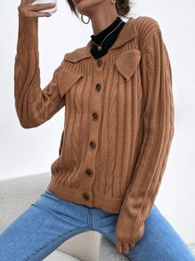 SHEIN LUNE 3D麻花編織補丁貼前紐扣開襟衫 - 棕色 - 查看 7