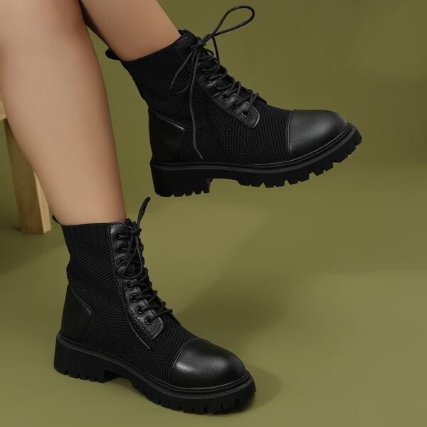 

Splicing Design Lace-up Combat Boots, Black