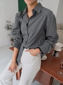 DAZY 条纹长袖衬衫，秋季商务休闲装，长袖上衣，返校服装，秋季女装 - 深灰色 - 查看 1