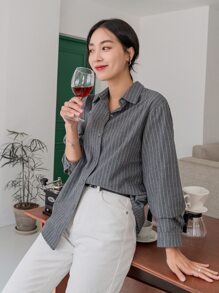 DAZY 条纹长袖衬衫，秋季商务休闲装，长袖上衣，返校服装，秋季女装 - 深灰色 - 查看 3