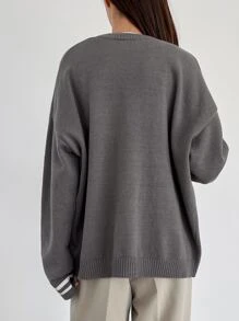 DAZY Drop Shoulder Striped Trim Cardigan - Grey - View 2