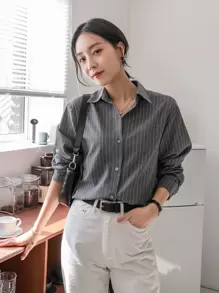 DAZY 条纹长袖衬衫，秋季商务休闲装，长袖上衣，返校服装，秋季女装 - 深灰色 - 查看 4