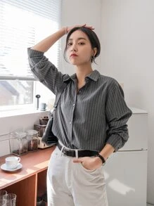 DAZY 条纹长袖衬衫，秋季商务休闲装，长袖上衣，返校服装，秋季女装 - 深灰色 - 查看 5