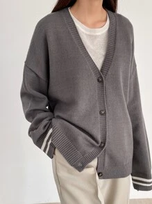 DAZY Drop Shoulder Striped Trim Cardigan - Grey - View 3