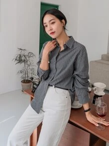 DAZY 条纹长袖衬衫，秋季商务休闲装，长袖上衣，返校服装，秋季女装 - 深灰色 - 查看 6