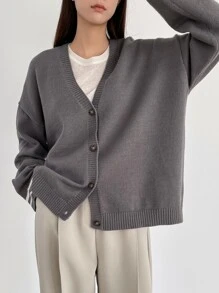 DAZY Drop Shoulder Striped Trim Cardigan - Grey - View 4