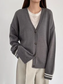 DAZY Drop Shoulder Striped Trim Cardigan - Grey - View 5