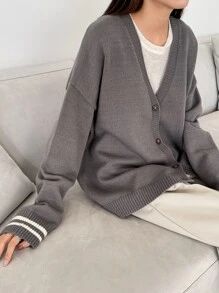 DAZY Drop Shoulder Striped Trim Cardigan - Grey - View 6