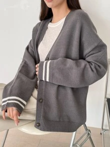 DAZY Drop Shoulder Striped Trim Cardigan - Grey - View 7