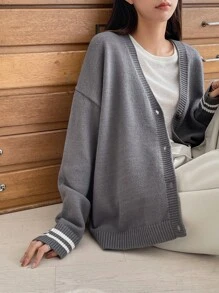 DAZY Drop Shoulder Striped Trim Cardigan - Grey - View 8