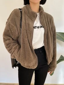 DAZY Áo khoác nữ Túi Dây kéo màu trơn Giải trí - Màu nâu  Mocha - Xem 1