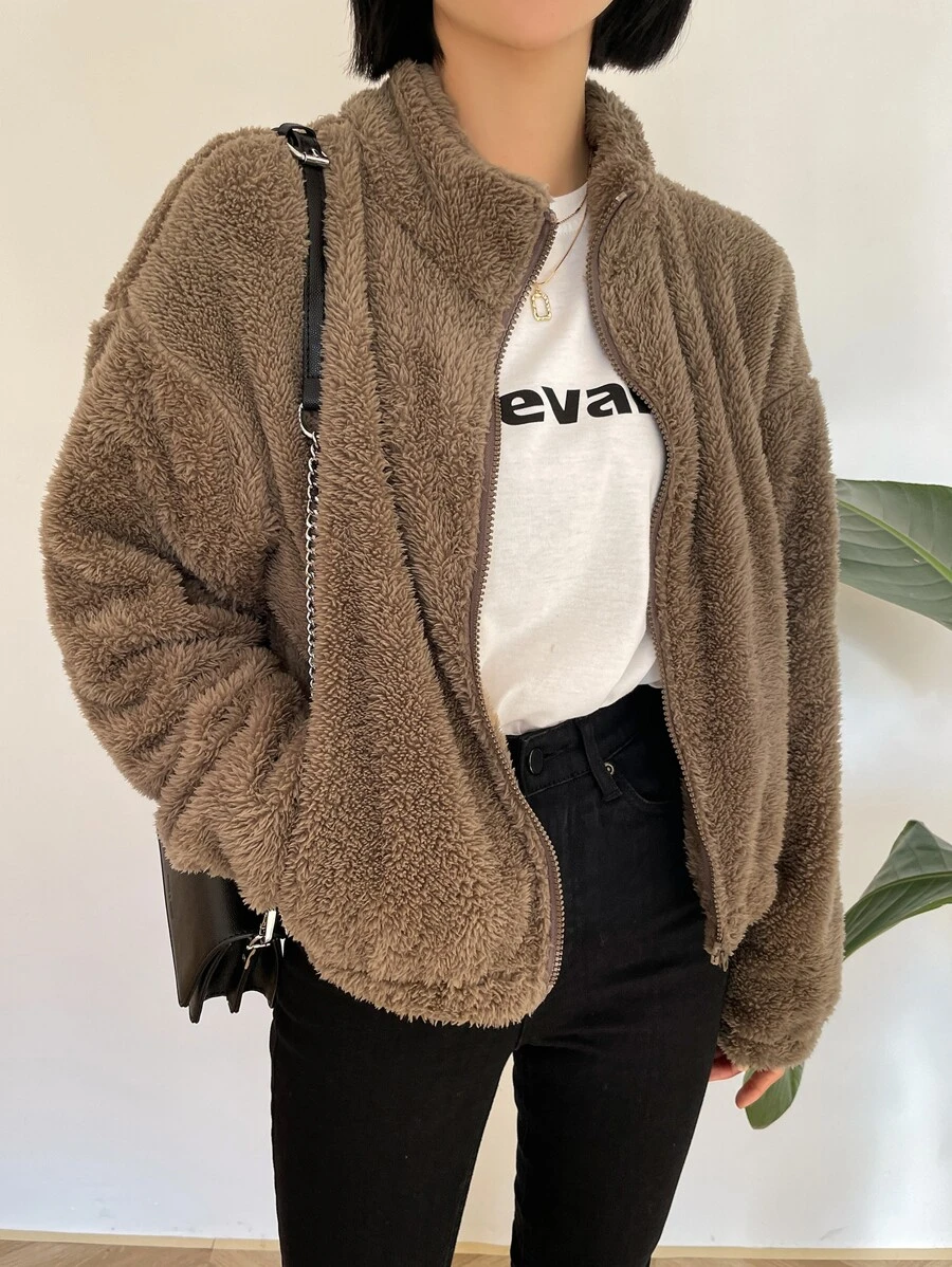 DAZY Áo khoác nữ Túi Dây kéo màu trơn Giải trí - Màu nâu  Mocha - Xem 1