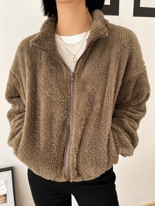 DAZY Áo khoác nữ Túi Dây kéo màu trơn Giải trí - Màu nâu  Mocha - Xem 2