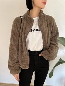 DAZY Áo khoác nữ Túi Dây kéo màu trơn Giải trí - Màu nâu  Mocha - Xem 3