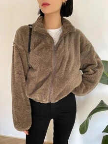 DAZY Áo khoác nữ Túi Dây kéo màu trơn Giải trí - Màu nâu  Mocha - Xem 6