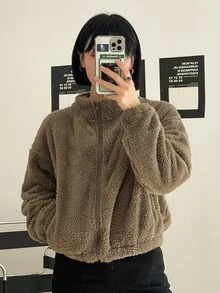 DAZY Áo khoác nữ Túi Dây kéo màu trơn Giải trí - Màu nâu  Mocha - Xem 7