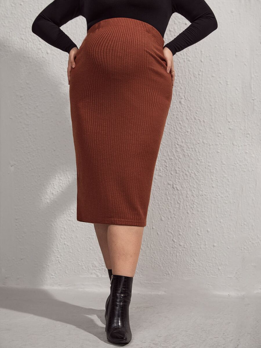 SHEIN 孕婦大碼可調節腰圍後背開衩半身裙 - 鏽棕色 - 查看 1