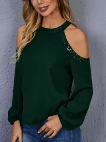 SHEIN Blusa de hombros descubiertos con lentejuelas - Verde Oscuro - Ver 1
