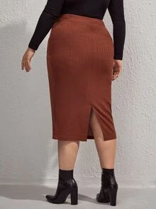 SHEIN 孕婦大碼可調節腰圍後背開衩半身裙 - 鏽棕色 - 查看 2