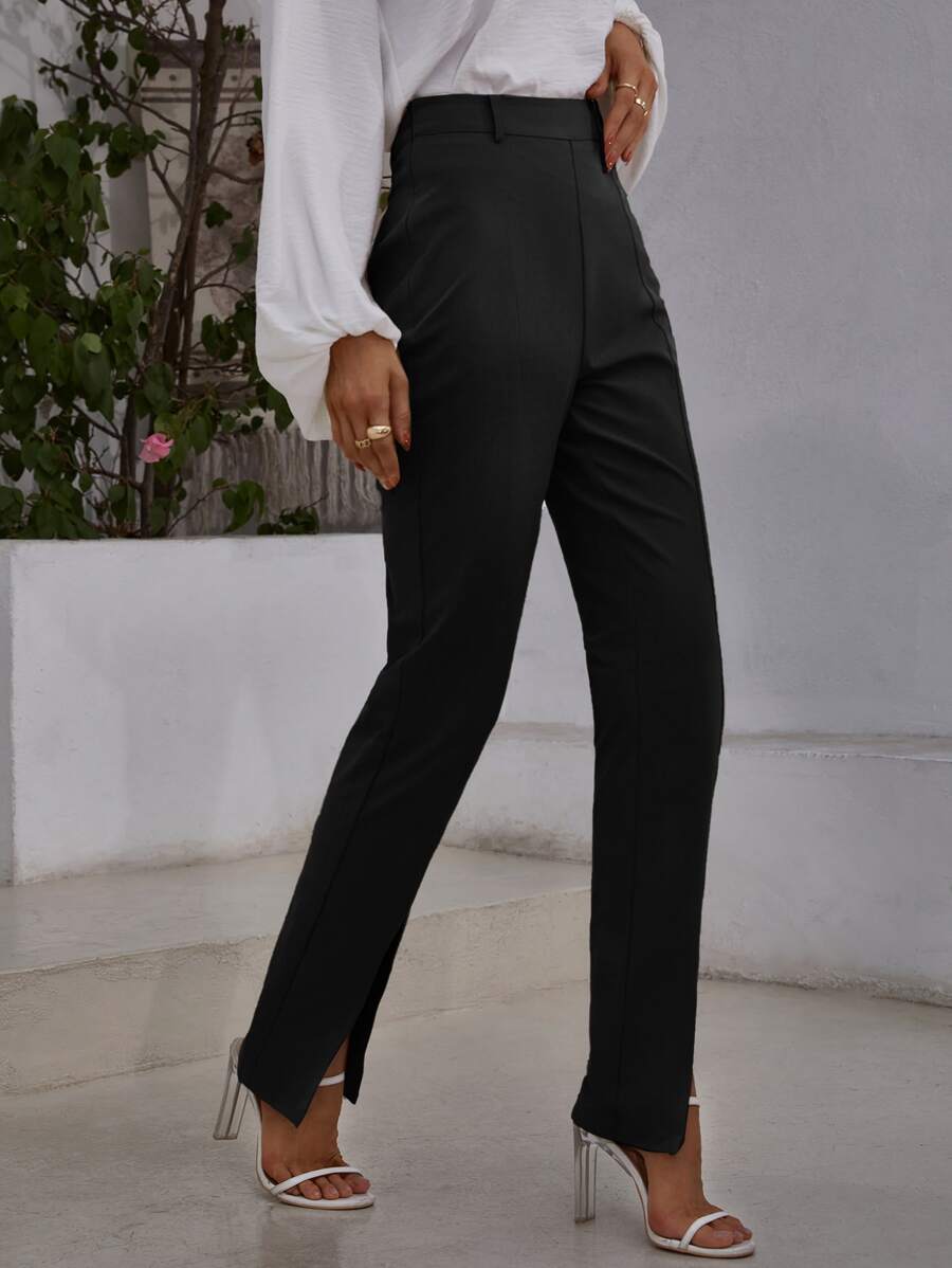 SHEIN Frenchy Solid Split Hem High Waist Trousers - Black - View 1