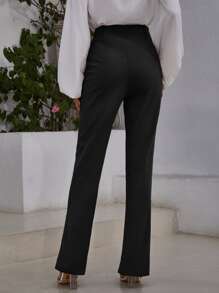 SHEIN Frenchy Solid Split Hem High Waist Trousers - Black - View 2