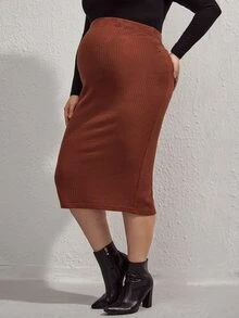 SHEIN 孕婦大碼可調節腰圍後背開衩半身裙 - 鏽棕色 - 查看 3