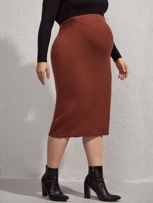 SHEIN 孕婦大碼可調節腰圍後背開衩半身裙 - 鏽棕色 - 查看 4