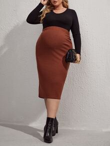 SHEIN 孕婦大碼可調節腰圍後背開衩半身裙 - 鏽棕色 - 查看 5