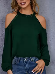 SHEIN Blusa de hombros descubiertos con lentejuelas - Verde Oscuro - Ver 4