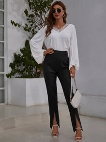 SHEIN Frenchy Solid Split Hem High Waist Trousers - Black - View 5