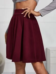 SHEIN Frenchy 側拉鏈素色百褶半身裙 - 酒紅色 - 查看 3