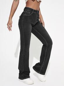SHEIN ICON High Waist Graphic Embroidery Flare Leg Jeans - Black - View 4