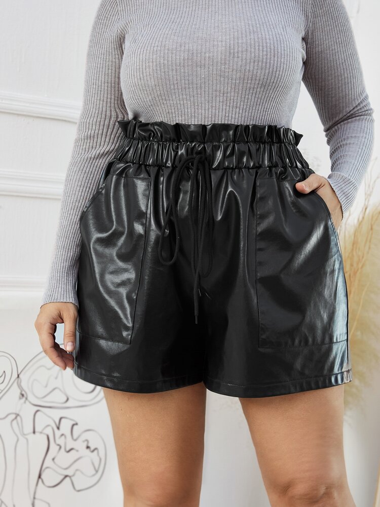 Celure Plus Paper Bag Waist Knot Front PU Leather Shorts - Black - View 5