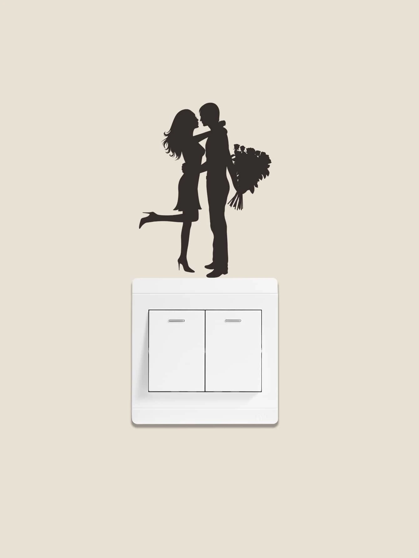 Couple Pattern Switch Outlet Wall Sticker, Stickers, Wall Decal, Vinyl Decal For Home Decorations, Spring Decoration Items Refresh Your Home, Festival Decoration Stickers Gifts Birthday Graduation - Black - View 1