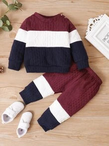 Baby Color Block Cable Textured Pullover & Sweatpants - Multicolor - View 1