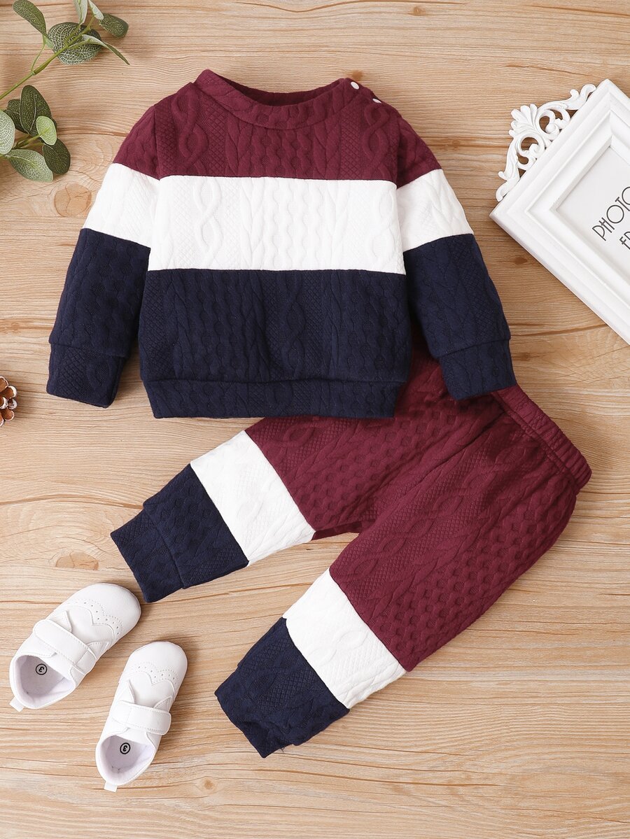 Baby Color Block Cable Textured Pullover & Sweatpants - Multicolor - View 1