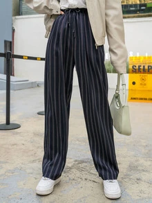 DAZY 豎條紋斜插口袋腰部抽繩長褲 - 黑與白 - 查看 2