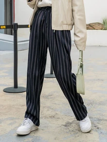 DAZY 豎條紋斜插口袋腰部抽繩長褲 - 黑與白 - 查看 3