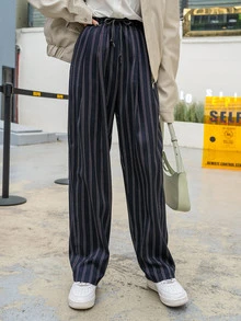 DAZY 豎條紋斜插口袋腰部抽繩長褲 - 黑與白 - 查看 5