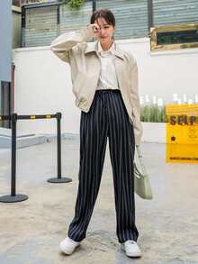 DAZY 豎條紋斜插口袋腰部抽繩長褲 - 黑與白 - 查看 8