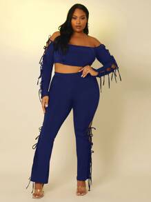 SHEIN SXY Plus Knot Side Off Shoulder Crop Top & Boot-Cut Leg Trousers - Royal Blue - View 1