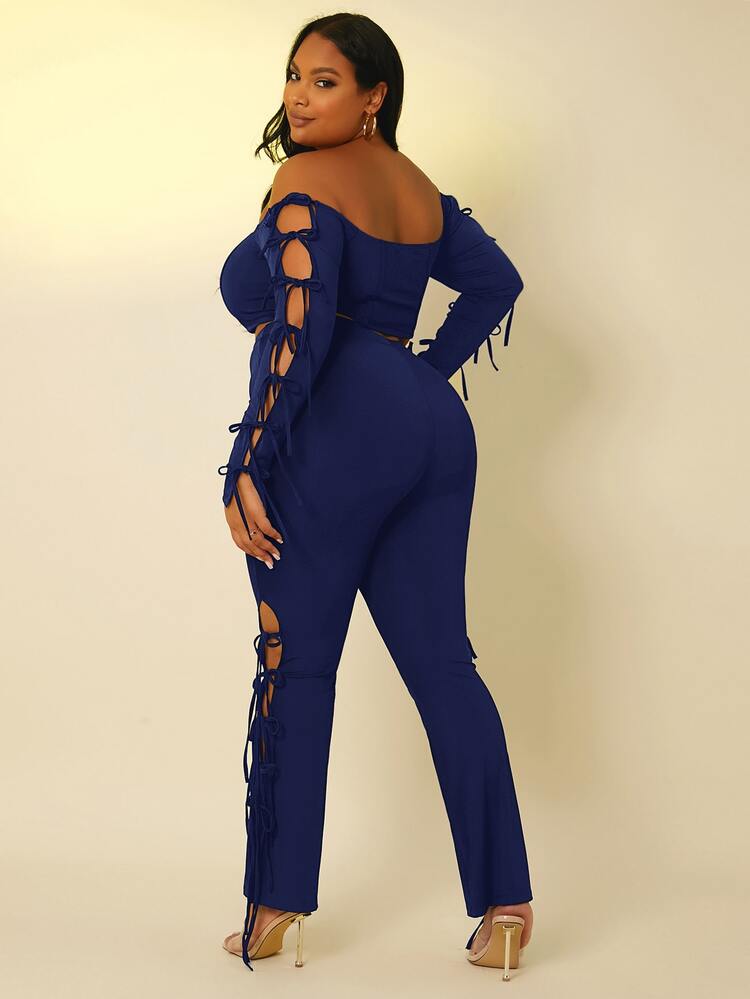 Plus Knot Side Off Shoulder Crop Top & Boot-Cut Leg Pants