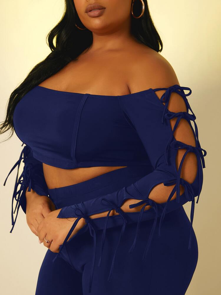 SHEIN SXY Plus Knot Side Off Shoulder Crop Top & Boot-Cut Leg Pants - Royal Blue - View 3