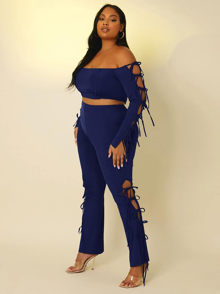 Plus Knot Side Off Shoulder Crop Top & Boot-Cut Leg Pants