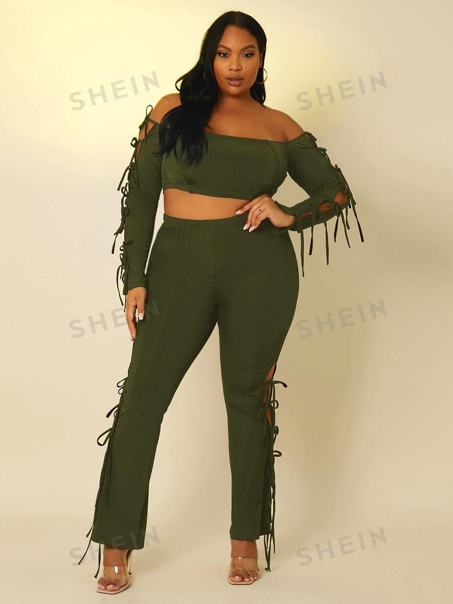 SHEIN SXY Top corto con nudo lateral de hombros descubiertos & Pantalones bootcut - Verde militar - Ver 1